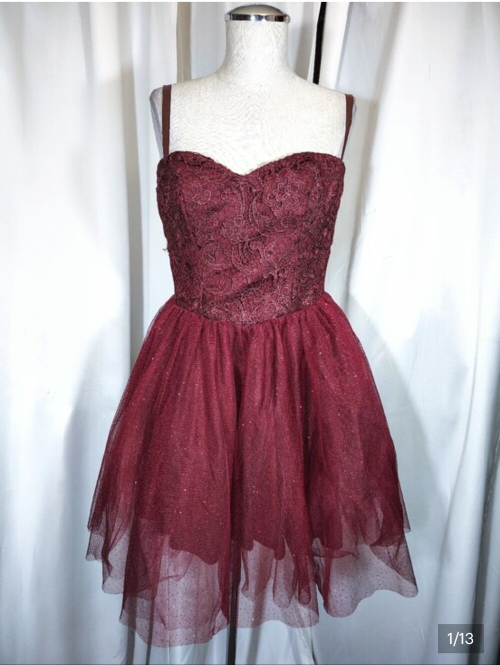Masquerade Strapless Formal, Sparkles, Short burgundy Corset LaceUp Back, Lace,5 - Picture 2 of 13